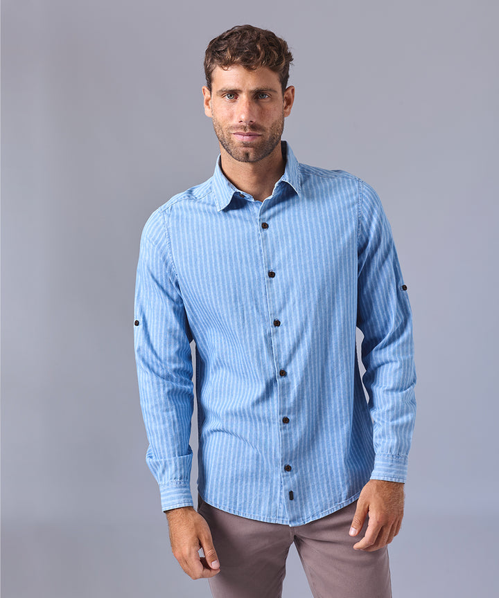 CAMISA MANGA LARGA DENIM A RAYAS CLASSIC FIT CELESTE C/RAYAS OI24