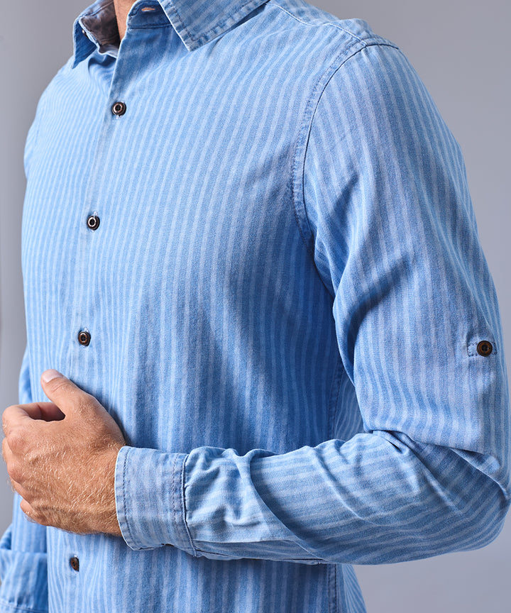 CAMISA MANGA LARGA DENIM A RAYAS CLASSIC FIT CELESTE C/RAYAS OI24