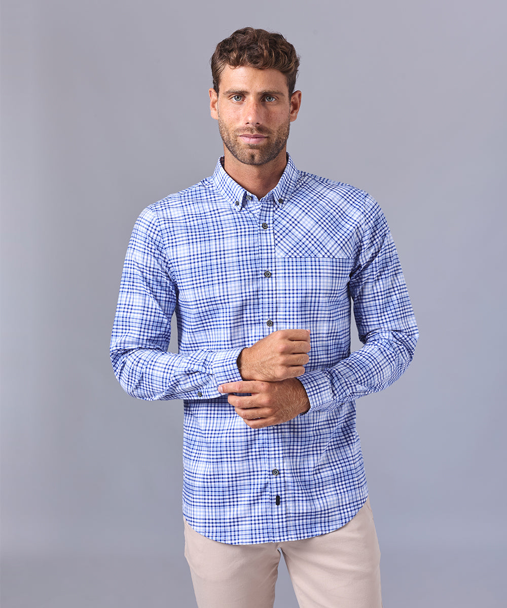 CAMISA MANGA LARGA CUELLO BUTTON DOWN APLICACIÓN EN CUELLO SLIM FIT AZUL CUADROS OI24