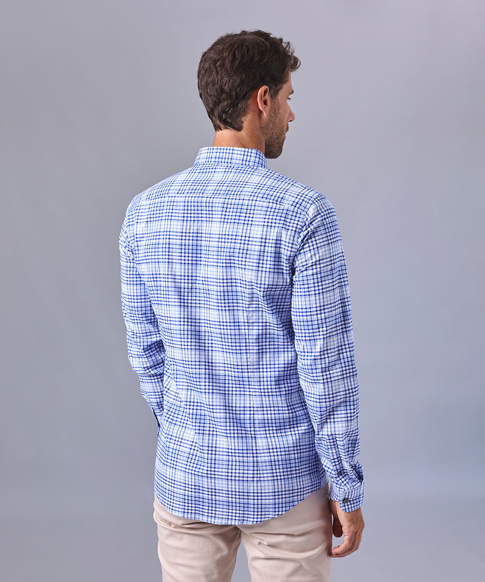 CAMISA MANGA LARGA CUELLO BUTTON DOWN APLICACIÓN EN CUELLO SLIM FIT AZUL CUADROS OI24