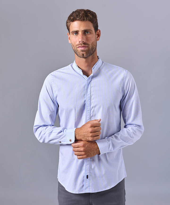CAMISA MANGA LARGA CUELLO NERU DESMONTABLE  CLASSIC FIT CELESTE CUADROS OI24