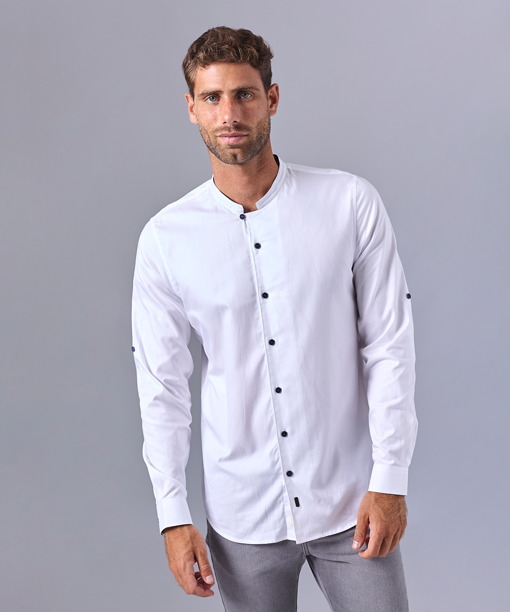 CAMISA MANGA LARGA CUELLO NERÚ RECTO SLIM FIT BLANCO OI24