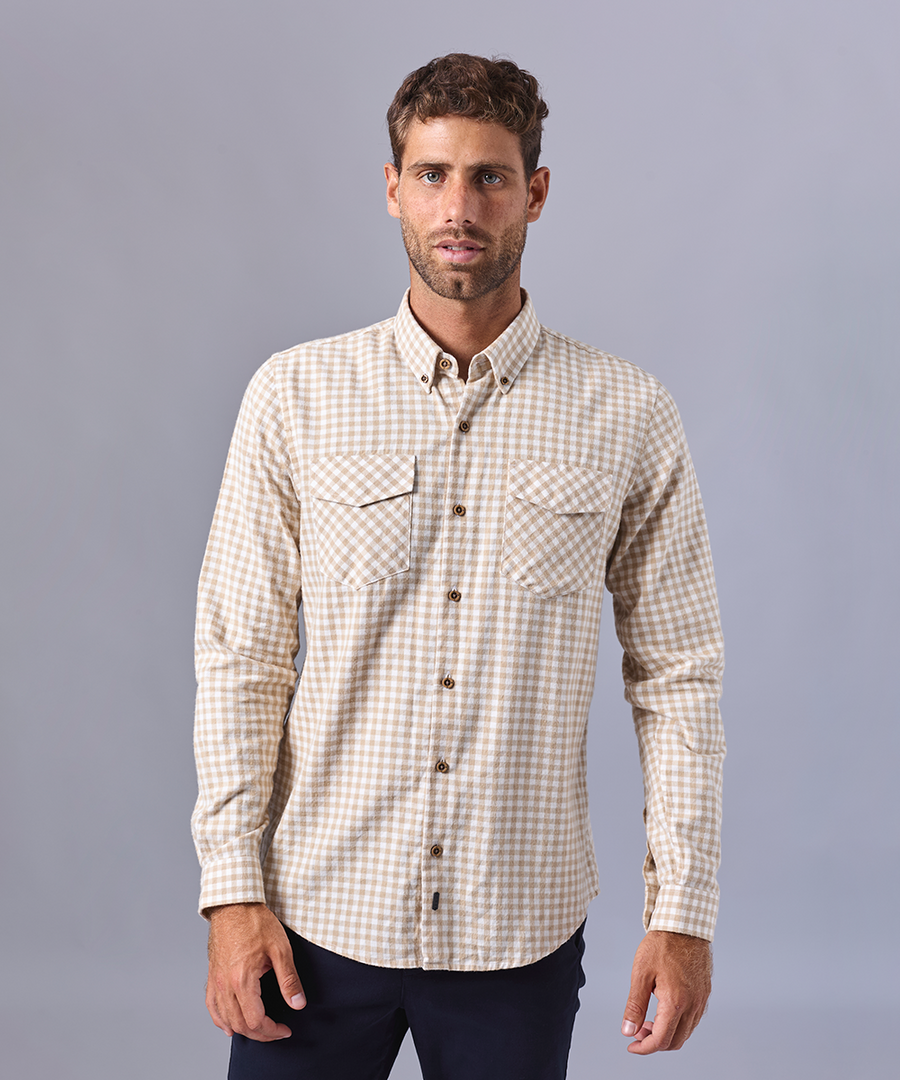 CAMISA MANGA LARGA FRANELA CLASSIC FIT BEIGE CUADROS OI24