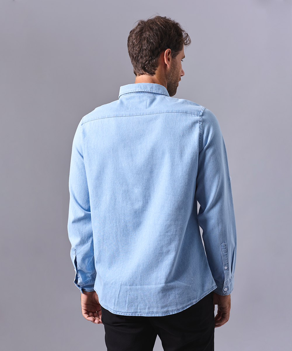 CAMISA MANGA LARGA DENIM CUELLO BUTTON DOWN CLASSIC FIT CELESTE OI24