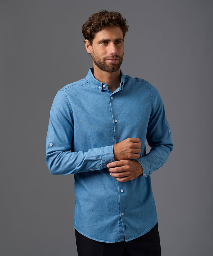 CAMISA MANGA LARGA ROLL UP DENIM CUELLO BUTTON DOWN CLASSIC FIT OI26