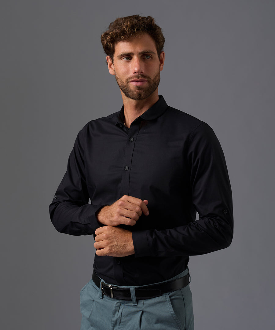 CAMISA MANGA LARGA ROLL UP CUELLO CORTO REDONDEADO SLIM FIT OI26