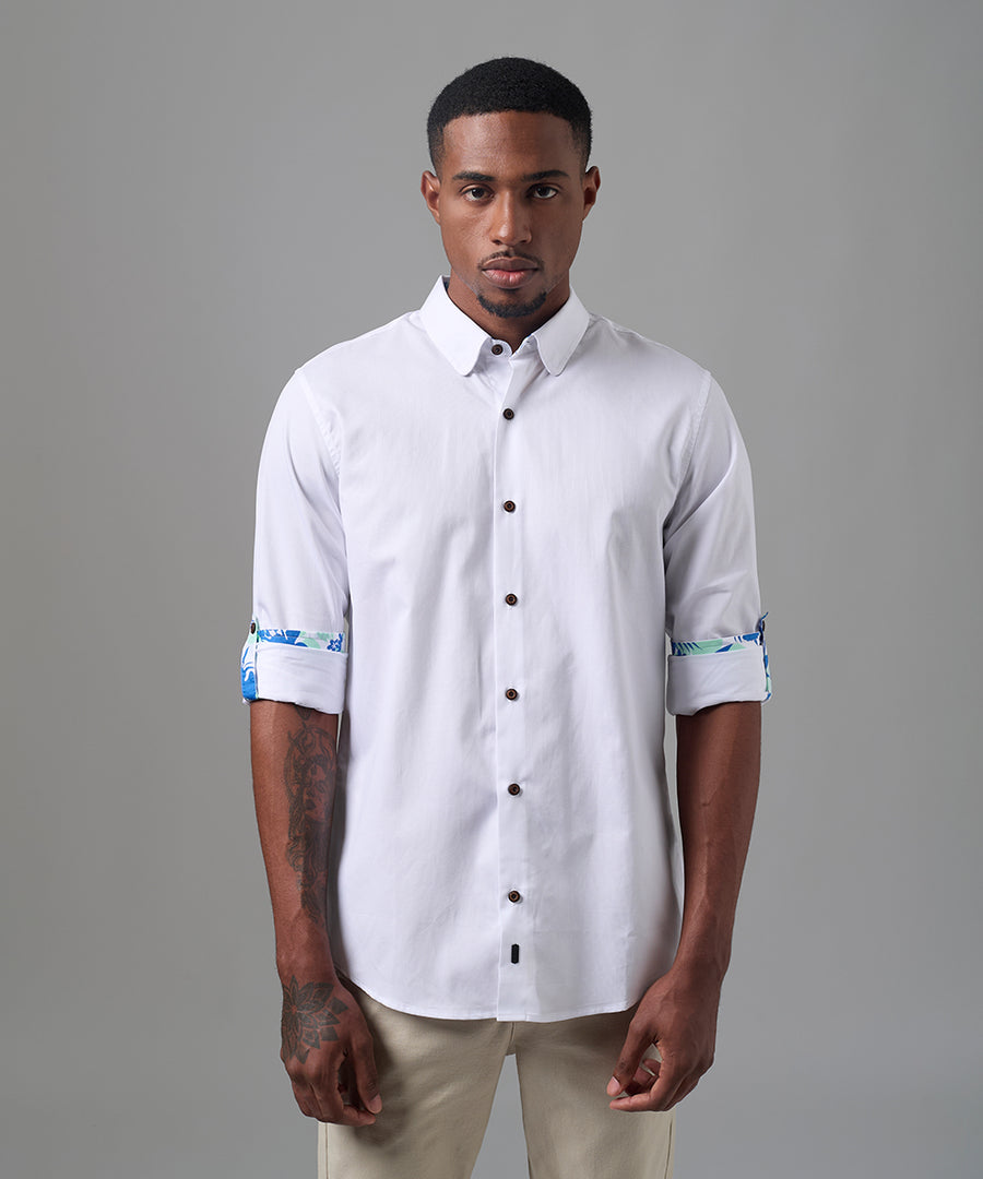 CAMISA MANGA LARGA CUELLO PUNTA REDONDEADO ROLL UP CLASSIC FIT BLANCO OI25