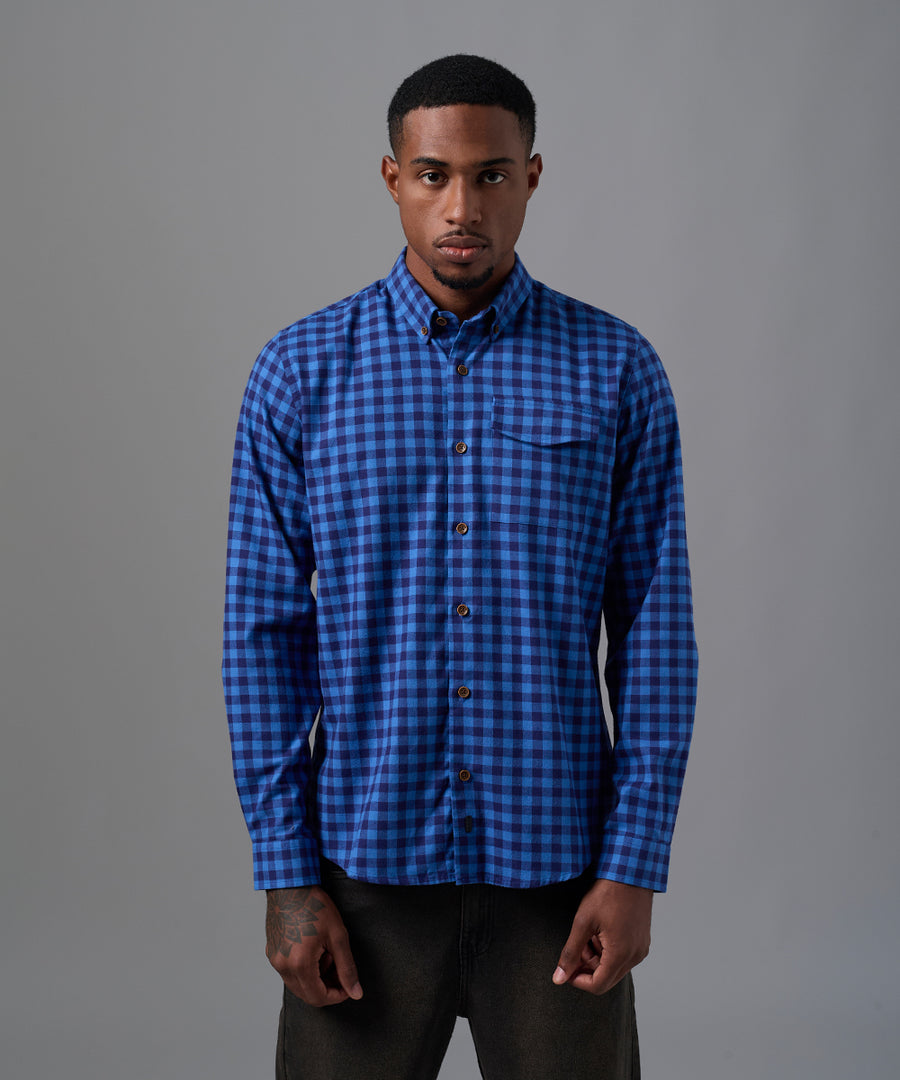 CAMISA MANGA LARGA FRANELA CUELLO B. DOWN CLASSIC FIT AZUL CUADROS OI25