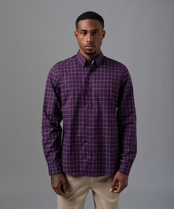 CAMISA MANGA LARGA CUELLO PUNTA REDONDEADO ROLL UP CLASSIC FIT BORGOÑA CUADROS OI25