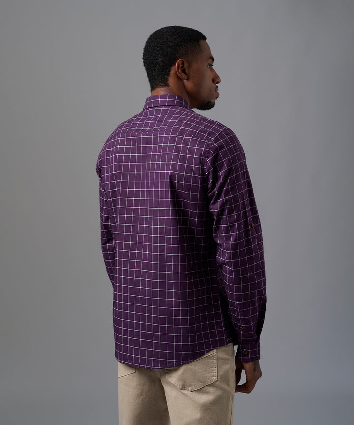 CAMISA MANGA LARGA CUELLO PUNTA REDONDEADO ROLL UP CLASSIC FIT BORGOÑA CUADROS OI25