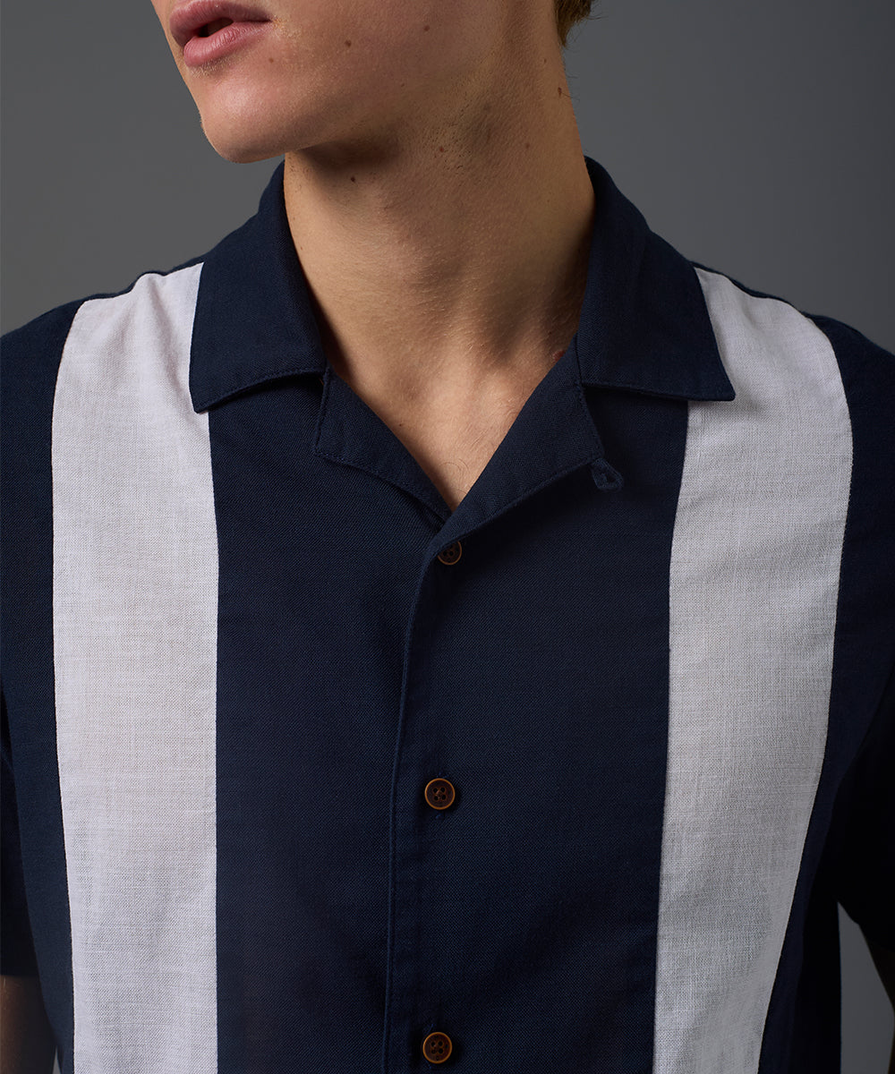 CAMISA MANGA CORTA LOOK LINO CUELLO RESORT CORTES CLASSIC FIT AZUL PV26