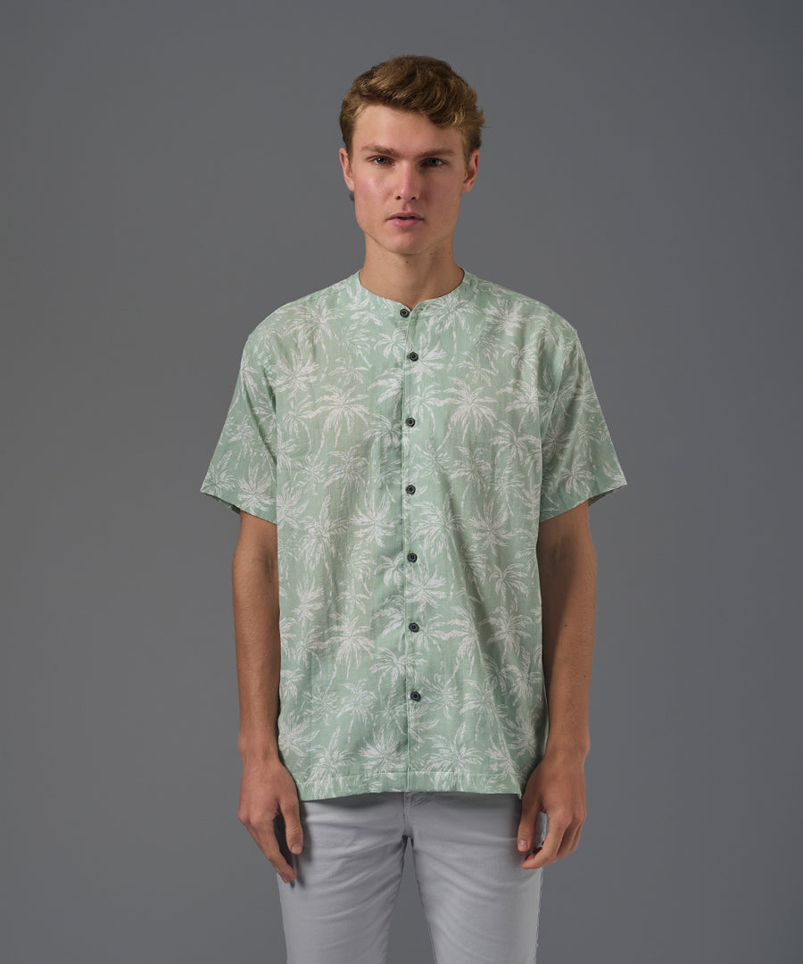 CAMISA MANGA CORTA LOOK LINO CUELLO NERU CLASSIC FIT VERDE TRAMADO PV26