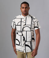 CAMISA MANGA CORTA CASUAL LOOK LINO MEDIA PECHERA OCULTA SLIM FIT BLANCO/NEGRO PV25