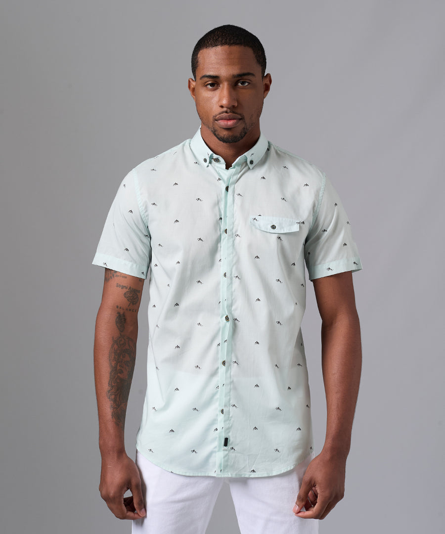 CAMISA MANGA CORTA CASUAL PECHERA SEMI OCULTA SLIM FIT ESTAMPADO VERDE PV25