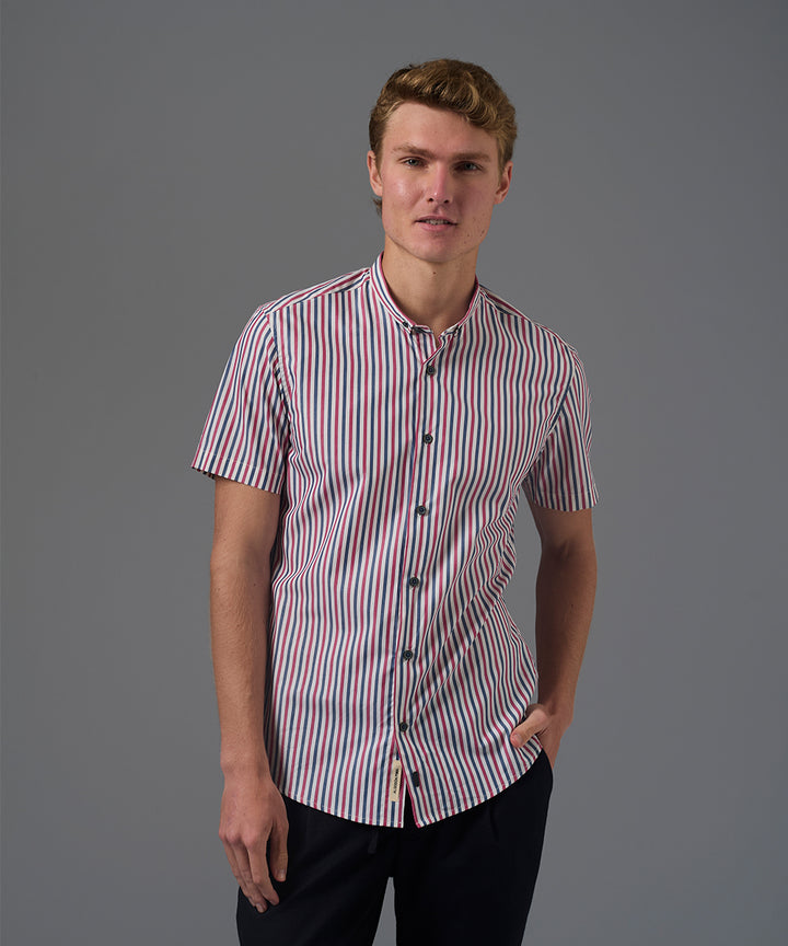 CAMISA MANGA CORTA CUELLO MICRO BD SLIM FIT BEIGE RAYAS PV26