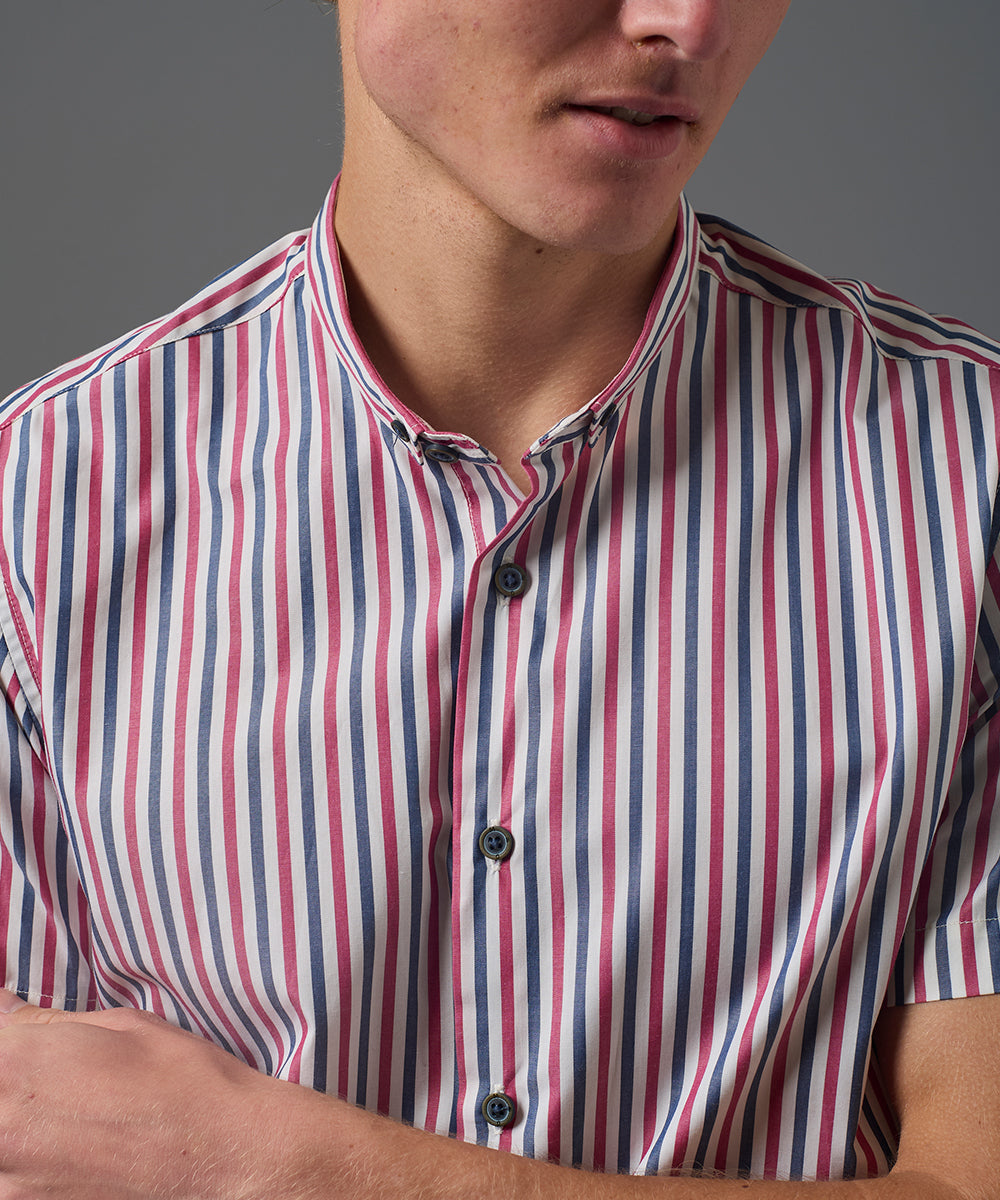 CAMISA MANGA CORTA CUELLO MICRO BD SLIM FIT BEIGE RAYAS PV26