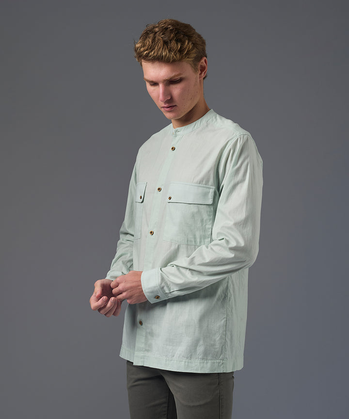 CAMISA MANGA LARGA LOOK LINO CUELLO NERU DOBLE BOLSILLO SLIM FIT VERDE AGUA PV26