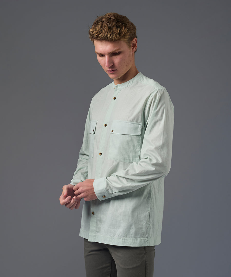 CAMISA MANGA LARGA LOOK LINO CUELLO NERU DOBLE BOLSILLO SLIM FIT VERDE AGUA PV26