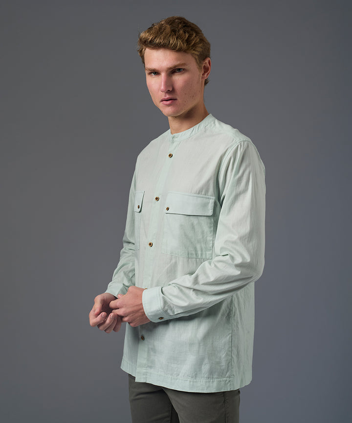 CAMISA MANGA LARGA LOOK LINO CUELLO NERU DOBLE BOLSILLO SLIM FIT VERDE AGUA PV26