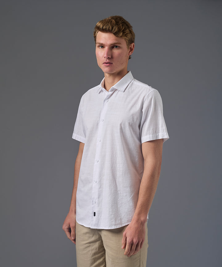 CAMISA MANGA CORTA LOOK LINO CUELLO SPREAD CLASSIC FIT BLANCO PV26
