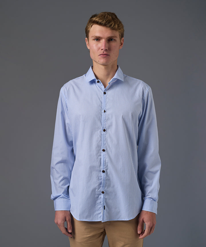 CAMISA MANGA LARGA PECHERA OJAL SLIM FIT CELESTE CUADROS PV26