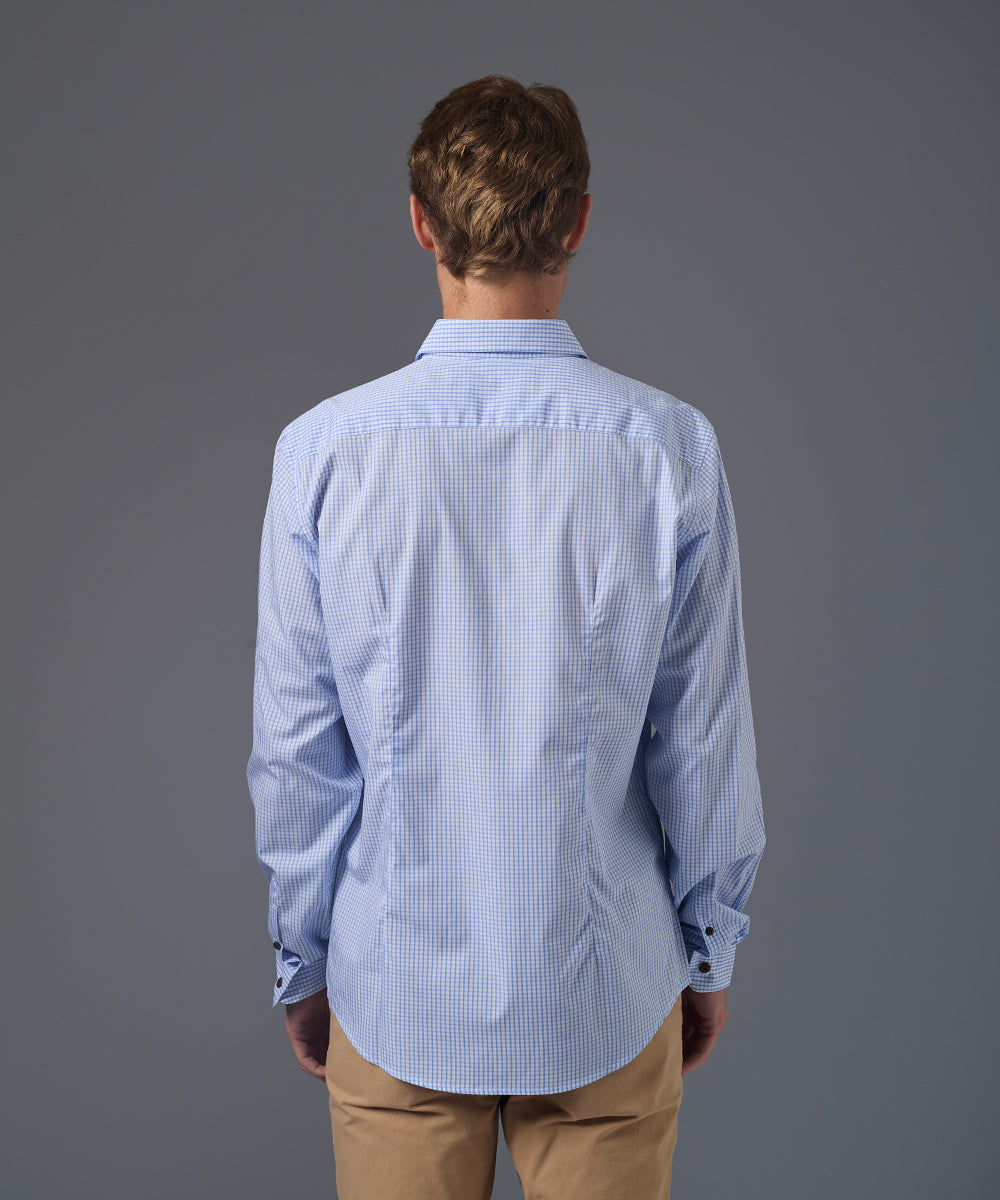 CAMISA MANGA LARGA PECHERA OJAL SLIM FIT CELESTE CUADROS PV26