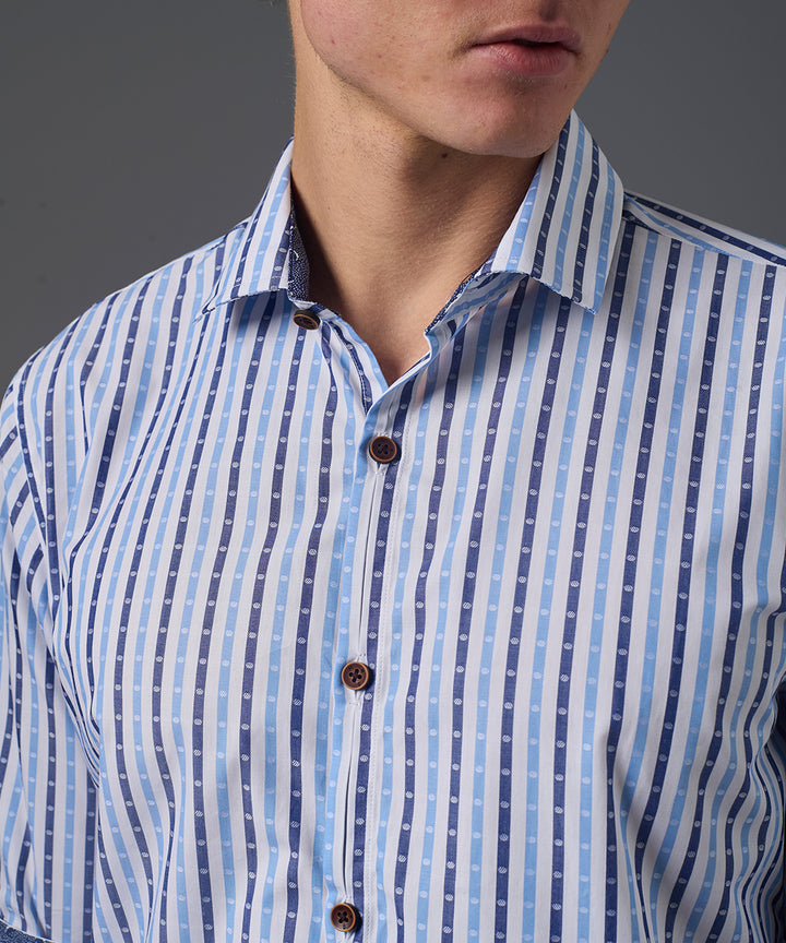 CAMISA MANGA LARGA PECHERA OJAL SLIM FIT CELESTE C/RAYAS PV26