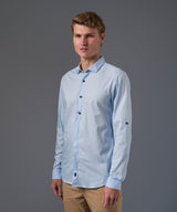 CAMISA MANGA LARGA CASUAL MEDIA PECHERA OCULTA SLIM FIT CELESTE PV26