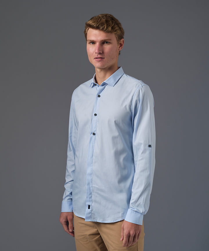 CAMISA MANGA LARGA CASUAL MEDIA PECHERA OCULTA SLIM FIT CELESTE PV26