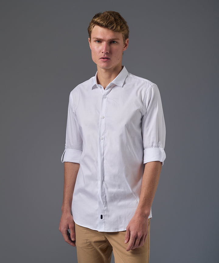 CAMISA MANGA LARGA CASUAL MEDIA PECHERA OCULTA SLIM FIT BLANCO PV26