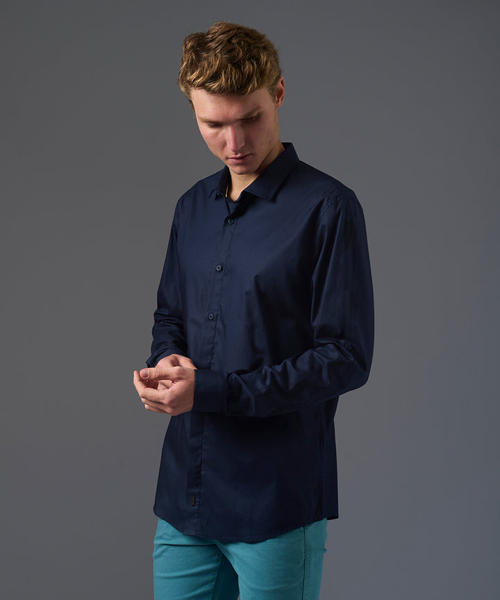 CAMISA MANGA LARGA CASUAL MEDIA PECHERA OCULTA SLIM FIT AZUL MARINO PV26