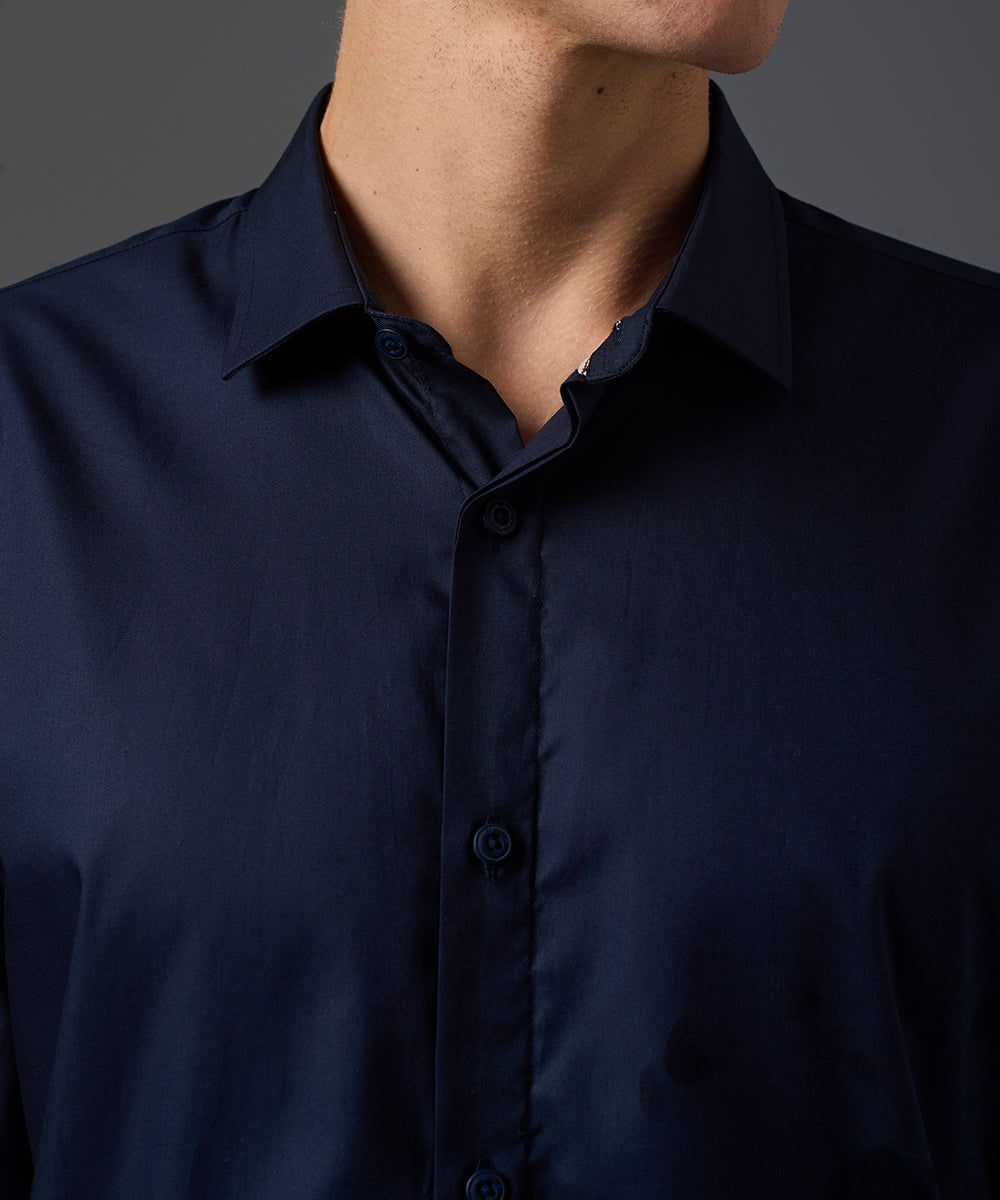 CAMISA MANGA LARGA CASUAL MEDIA PECHERA OCULTA SLIM FIT AZUL MARINO PV26