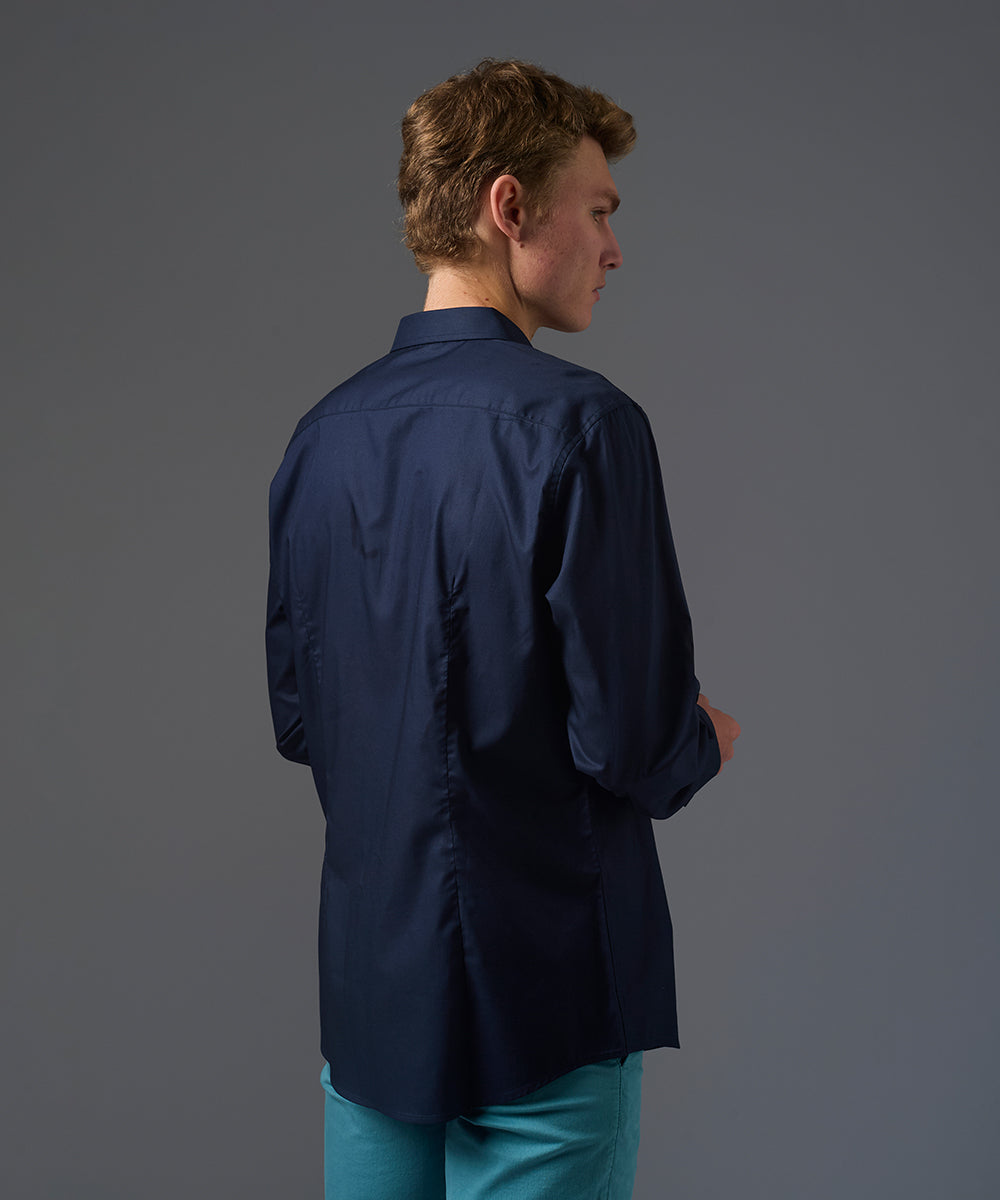 CAMISA MANGA LARGA CASUAL MEDIA PECHERA OCULTA SLIM FIT AZUL MARINO PV26