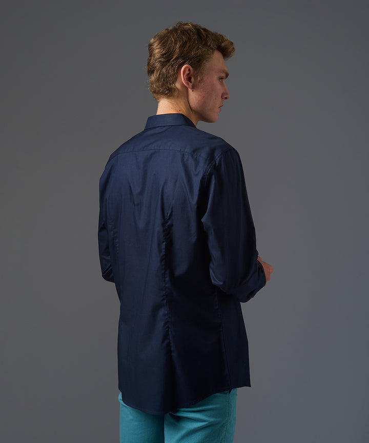 CAMISA MANGA LARGA CASUAL MEDIA PECHERA OCULTA SLIM FIT AZUL MARINO PV26