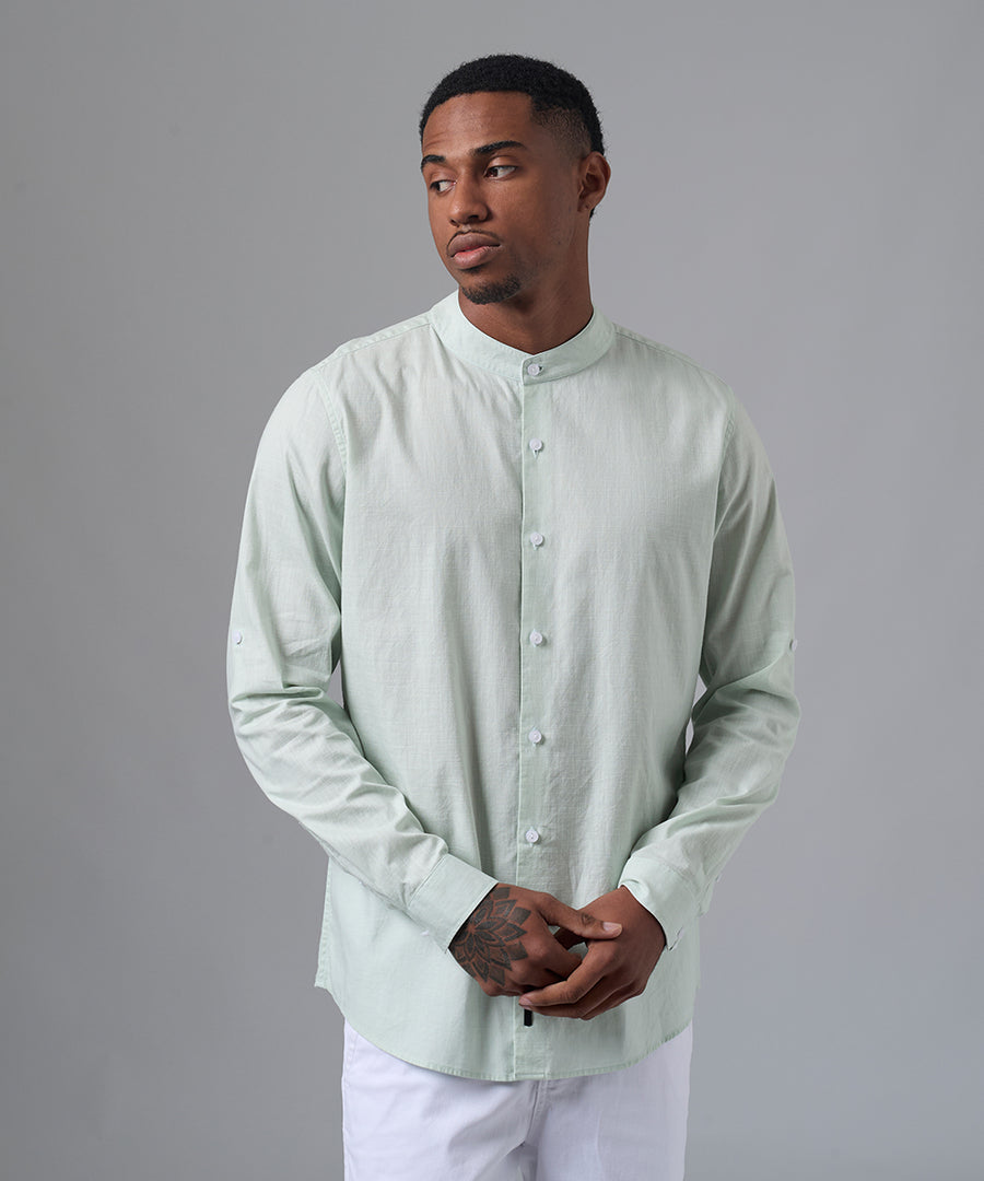 CAMISA MANGA LARGA  LOOK LINO CUELLO STAND UP CLASSIC FIT VERDE AGUA PV25