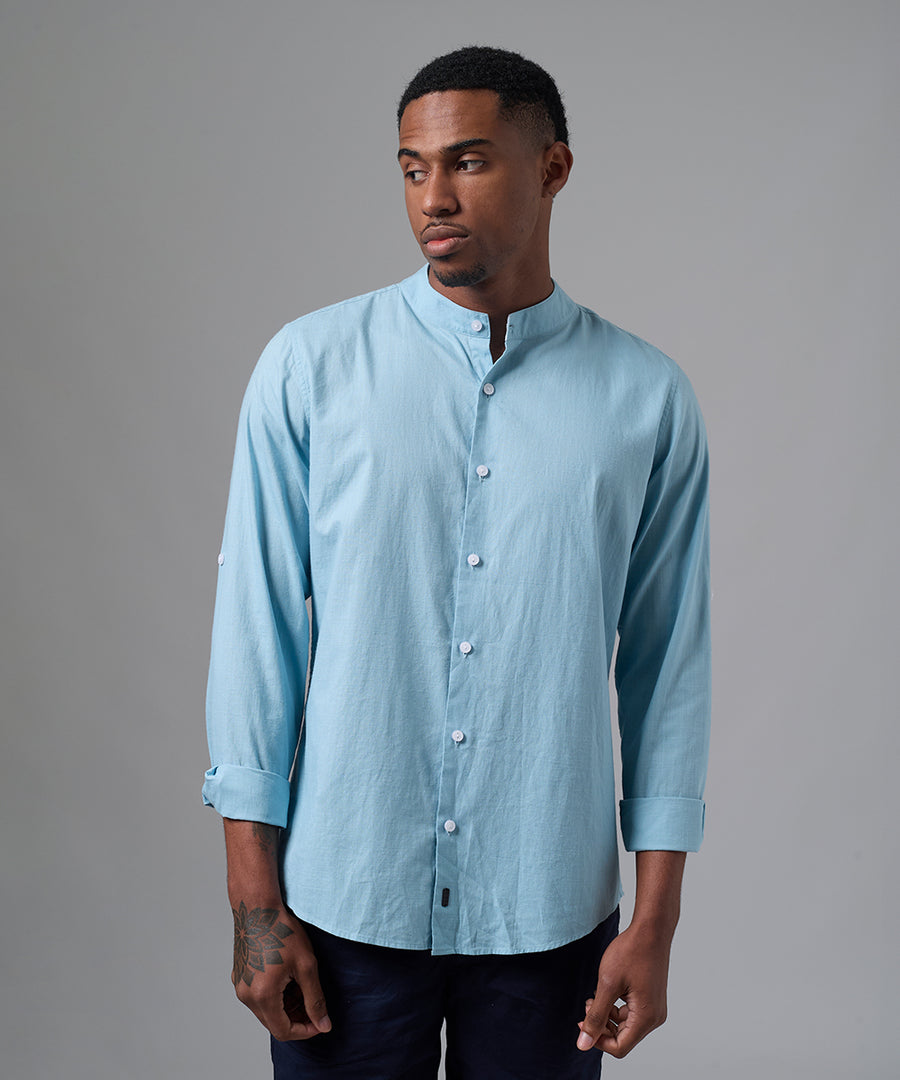 CAMISA MANGA LARGA LOOK LINO CUELLO STAND UP CLASSIC FIT ACERO PV25