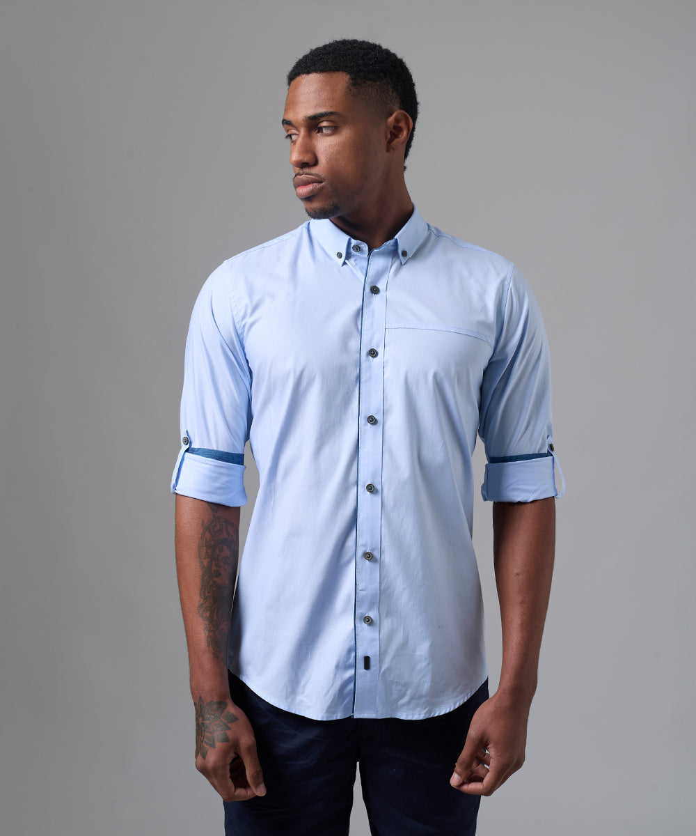 CAMISA MANGA LARGA CASUAL SHORT BUTTON DOWN SLIM FIT CELESTE REFRESH PV25