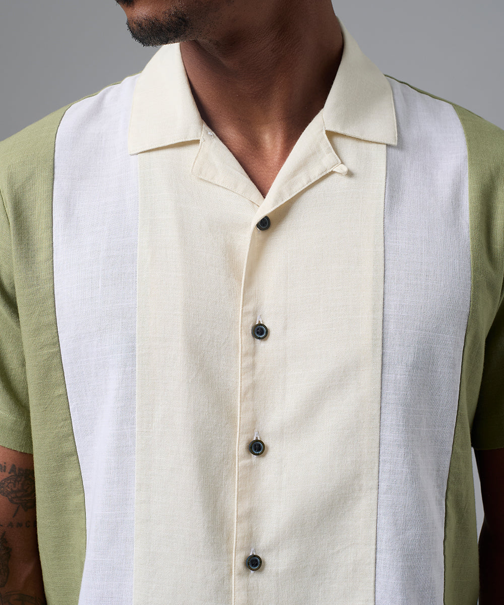 CAMISA MANGA CORTA CASUAL LOOK LINO CUELLO RESORT CORTES CLASSIC FIT VERDE CLARO PV25