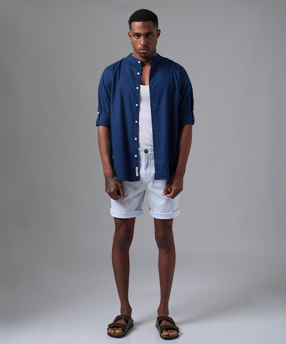 CAMISA MANGA LARGA LOOK LINO CUELLO STAND UP CLASSIC FIT AZUL MARINO PV25