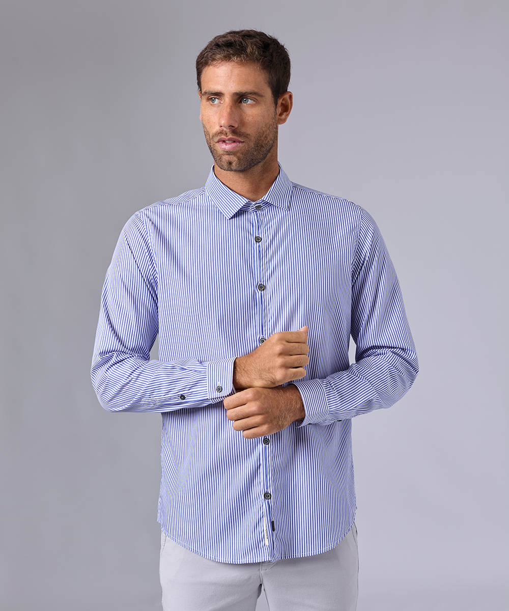 CAMISA MANGA LARGA PECHERA OJAL CLASSIC FIT AZUL A RAYAS OI24