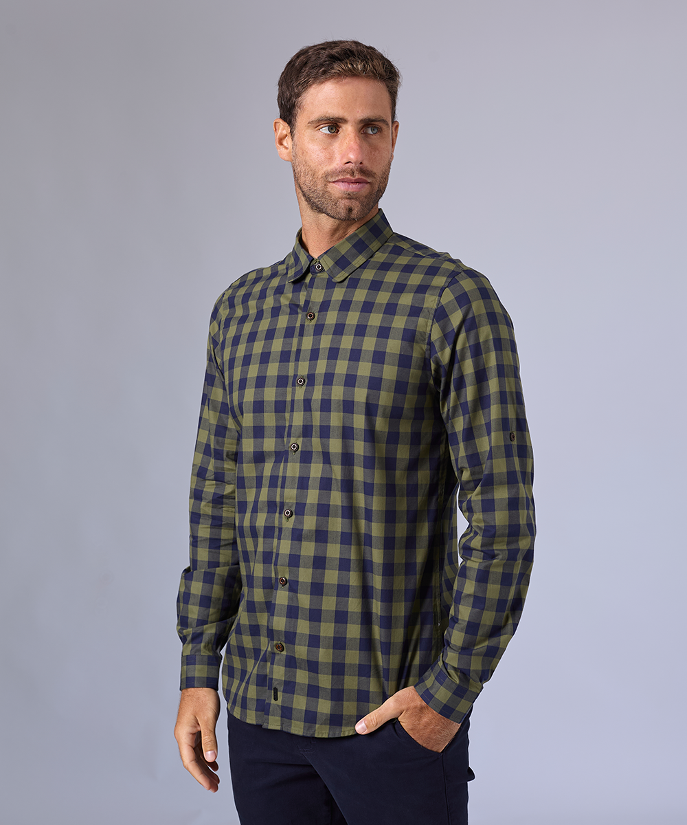 CAMISA MANGA LARGA CUELLO PUNTA REDONDEADO CLASSIC FIT VERDE CUADRO OI24