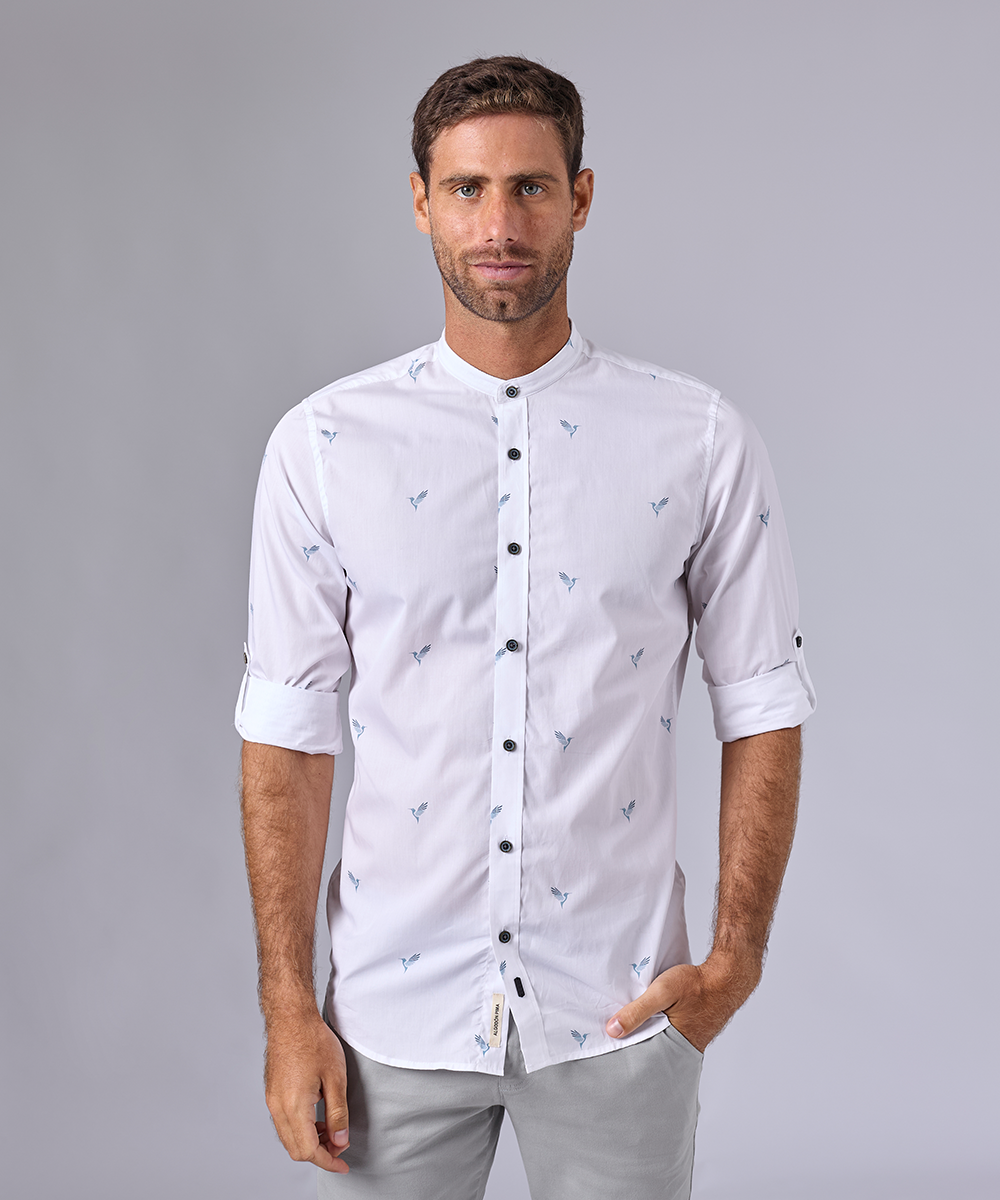 CAMISA MANGA LARGA CUELLO NERU ROLL UP SLIM FIT BLANCO ESTAMPADO OI24