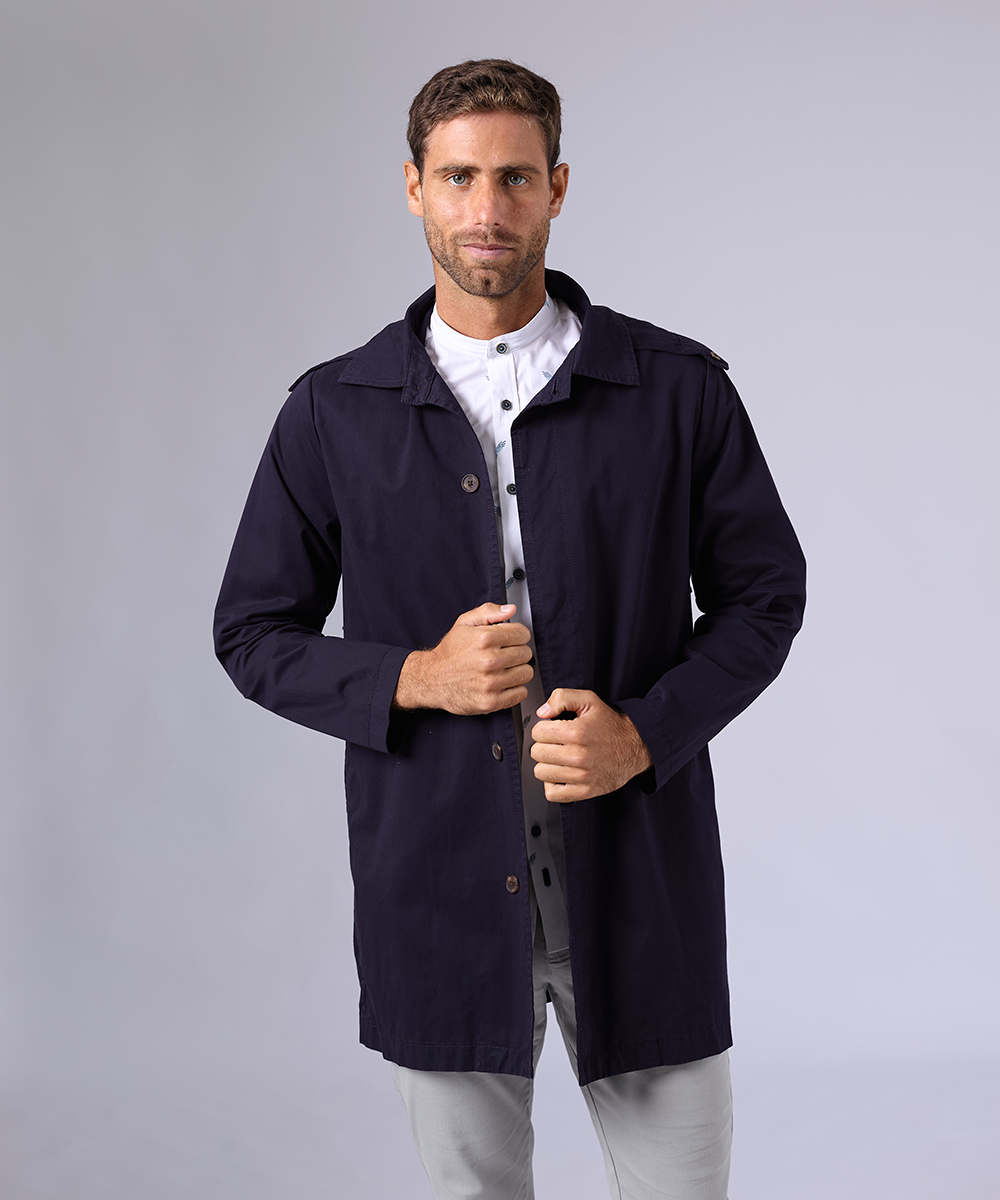 TRENCH COAT TAFETA CAPUCHA REMOVIBLE AZUL MARINO OI24