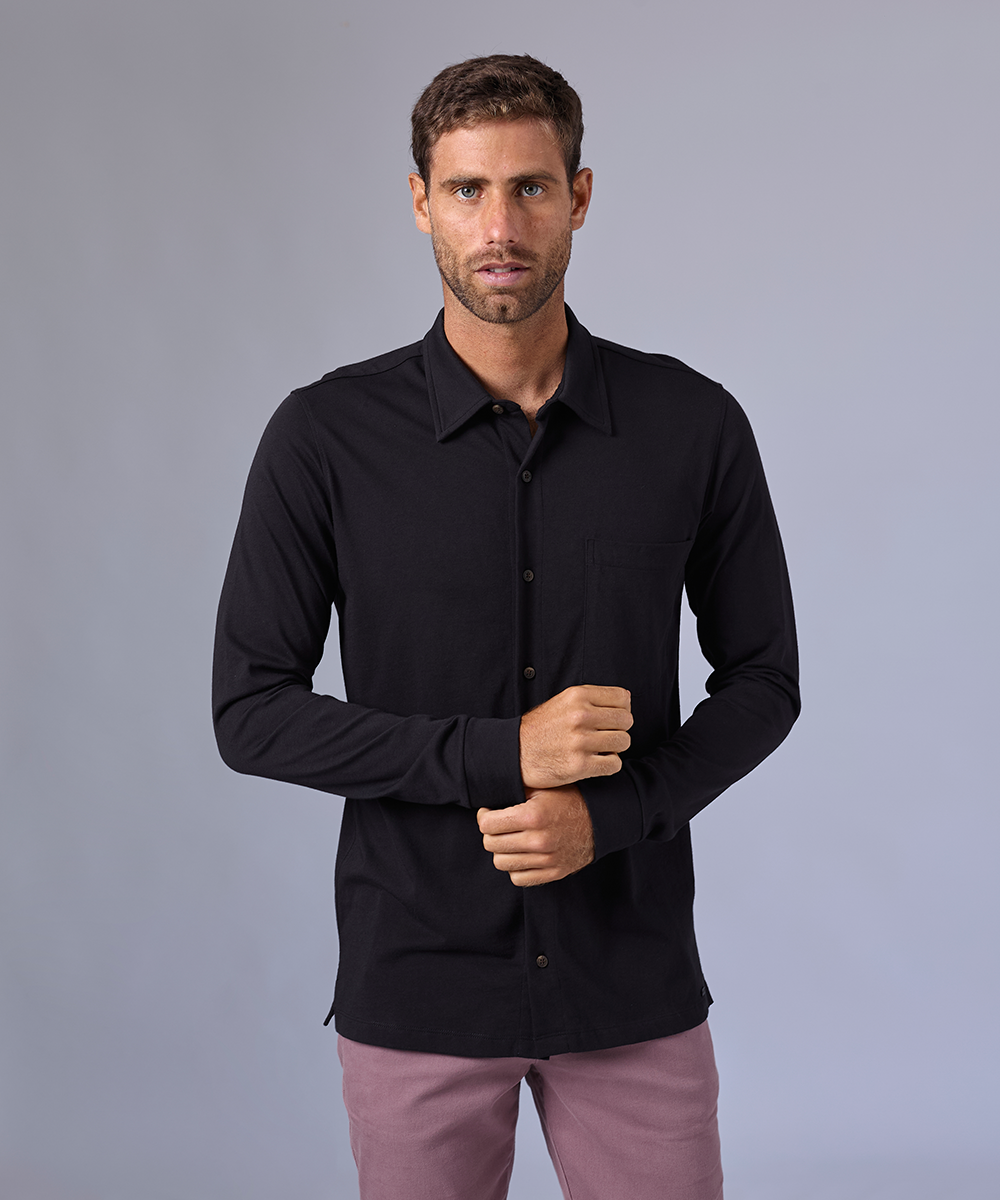 POLO MANGA LARGA JERSEY CUELLO CAMISERO NEGRO OI24