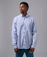 CAMISA MANGA LARGA CUELLO CORTO REDONDEADO SLIM FIT CELESTE C/RAYAS OI25