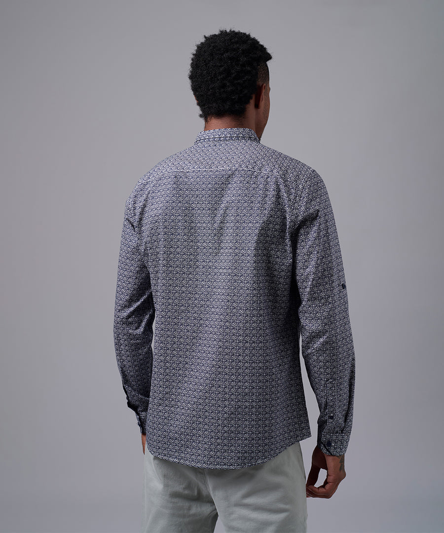 CAMISA MANGA LARGA CUELLO MICRO BUTTON DOWN CLASSIC FIT AZUL ESTAMPADO OI25
