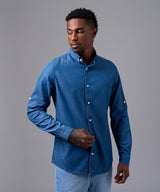CAMISA MANGA LARGA DENIM CUELLO BUTTON DOWN CLASSIC FIT CELESTE OSCURO OI25