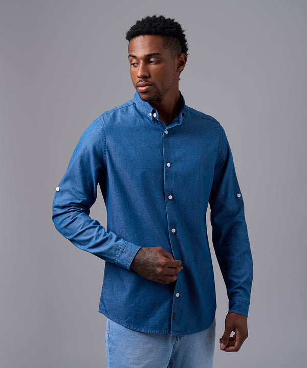 CAMISA MANGA LARGA DENIM CUELLO BUTTON DOWN CLASSIC FIT CELESTE OSCURO OI25