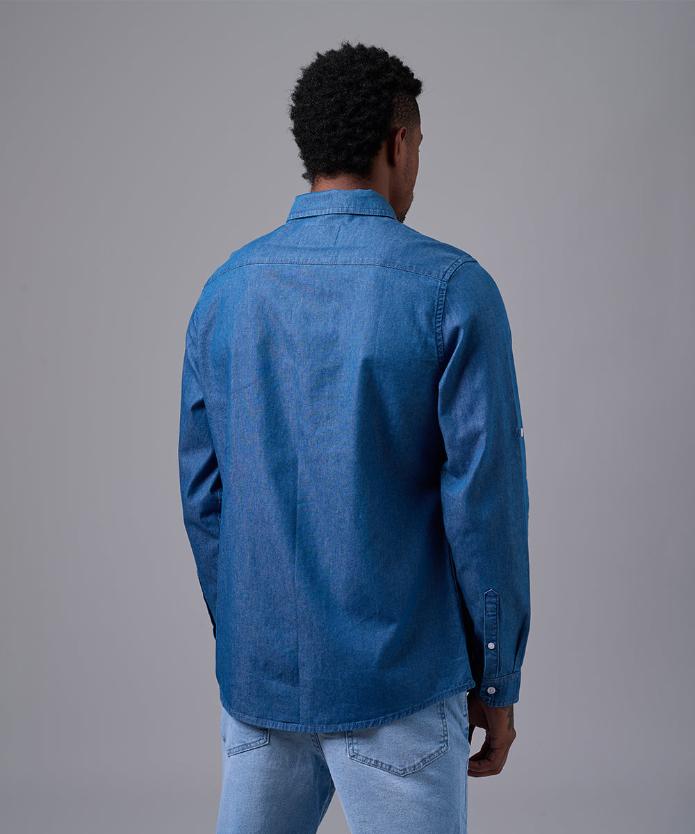 CAMISA MANGA LARGA DENIM CUELLO BUTTON DOWN CLASSIC FIT CELESTE OSCURO OI25