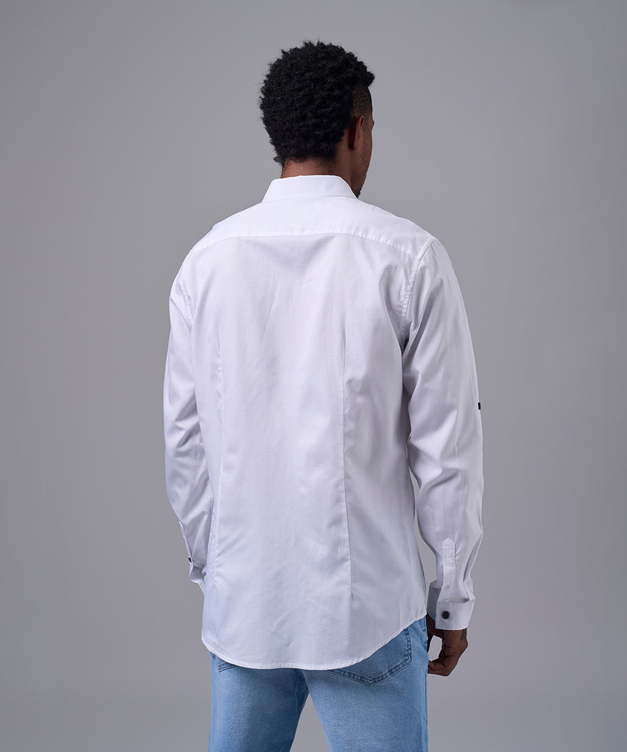 CAMISA MANGA LARGA CUELLO CORTO REDONDEADO SLIM FIT BLANCO OI25